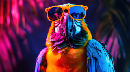 A parrot with a striking presence in neon colors and cool sunglasses, pop art style.の素材