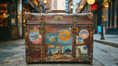 A vintage suitcase displaying an array of travel stickers and souvenirs with urban backdrop.の素材
