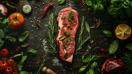 A raw steak surrounded by a variety of fresh herbs and spices ready for cooking.の素材
