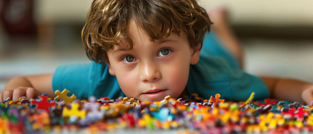 A young boy lies down, his eyes filled with curiosity, as he plays with a multitude of colorful puzzle pieces spread before him.の素材