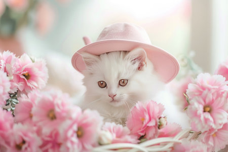 An adorable white kitten in a stylish pink hat sits surrounded by soft pink flowers, exuding charm.の素材