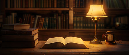 An open book on a library desk with glowing pages, casting a warm light in a quiet reading environment.の素材