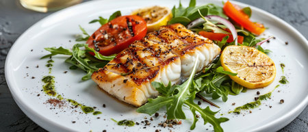 Grilled cod fillet served with a side of fresh garden salad on a white ceramic plate.の素材