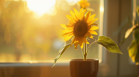 Lone sunflower in vase, soft backlighting, close-up.の素材