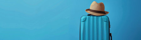 Blue travel suitcase with a stylish hat on top, suggesting trip readiness.の素材