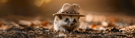Hedgehog in a miniature hat, eye-level, soft natural light, whimsical fashion, earth tones, endearing portraitの素材