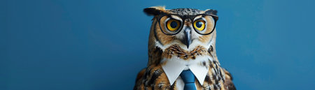 An intelligent-looking owl wears business attire with glasses and a tie against a blue background.の素材