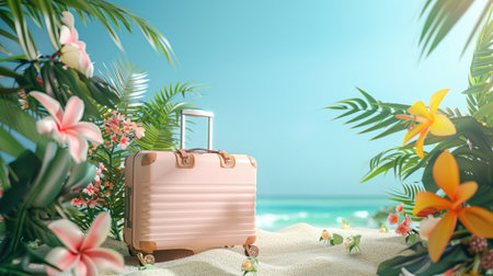 Summer travel concept showing a suitcase on a sandy beach with tropical palm trees and flowers.の素材