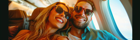 Smiling couple relaxing and cuddling in an airplane, wearing sunglasses and enjoying their journey.の素材