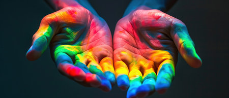 Open palms presenting a spectrum of rainbow colors, symbolizing hope and diversity against a dark backdrop.の素材