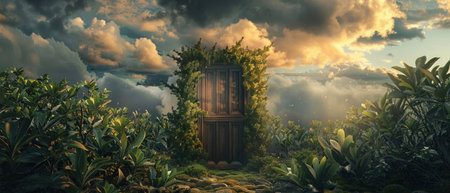 Surreal landscape with a door surrounded by lush foliage under a dramatic sky.の素材