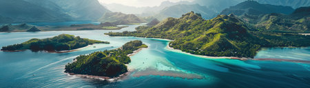Stunning aerial shot of a lush tropical archipelago with clear turquoise waters surrounded by mountains.の素材