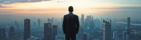 A businessman in a suit stands pensively overlooking a sprawling city skyline, symbolizing ambition and vision.の素材