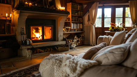 A cozy and inviting living room furnished with a plush white sofa and a warm, crackling fireplace.の素材