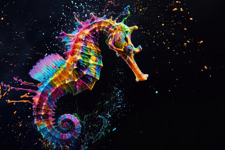 A dynamic image of a seahorse with splashes of vibrant paint against a black background.の素材