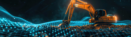 A digital visualization of an excavator over a network grid, symbolizing the integration of construction and technology.の素材