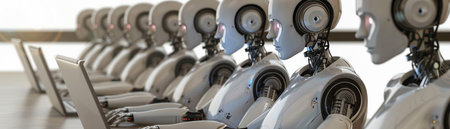 A lineup of humanoid robots operating laptops, a glance into the future of artificial intelligence in workplaces.の素材