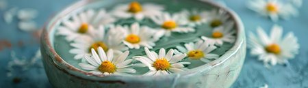 A soothing foot bath adorned with daisy flowers, offering a tranquil experience for relaxation and foot care.の素材