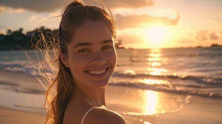 A smiling, sunlit young woman enjoys a picturesque tropical beach at sunset.の素材