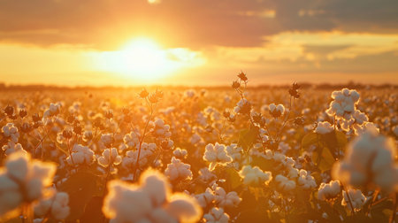 A serene cotton field bathed in the golden glow of sunset, highlighting the beauty of agriculturalの素材