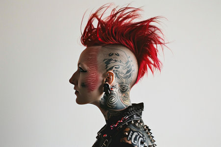 A woman with a bold red mohawk and intricate tattoos presents a striking punk rock style against a white background.の素材