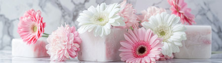 Chic pink and white gerbera flowers alongside marble blocks for stylish decor.の素材