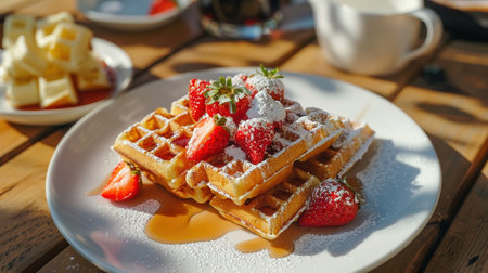 Belgian waffles with strawberries, sunny cafe setting, high angle, crisp.の素材