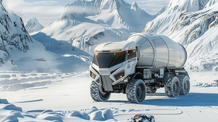 Futuristic multi-axle all-terrain cement mixer truck depicted in a snowy mountain landscape, concept design.の素材