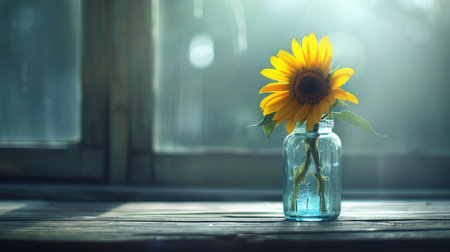 Lone sunflower in vase, soft backlighting, close-up.の素材