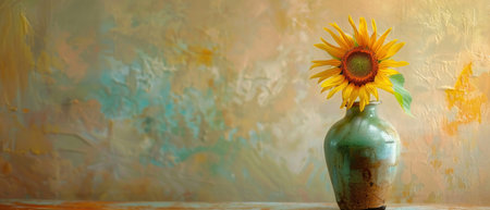 Lonely sunflower in a vase, morning light, macro shot, bokeh background, serene mood.の素材