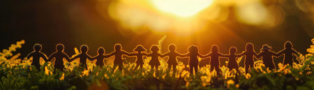 Silhouetted toy figures hold hands in unity on green foliage against a golden sunset backdrop.の素材