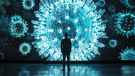 A man stands in contemplation before a large-scale holographic representation of the coronavirus, reflecting on the global pandemic.の素材