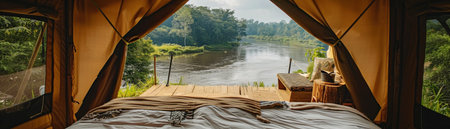 A luxurious glamping experience in a spacious tent with a comfortable bed, offering a view of a lush green forest and a serene river.の素材