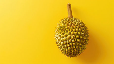 A freshly opened durian, known as the king of fruits, displayed on a vibrant yellow background.の素材