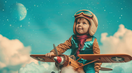 A child in pilot attire imagining an adventure, playfully positioned on a toy plane against a sky backdrop.の素材