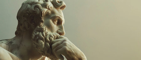 An artistic rendition of an ancient Greek statue portraying a thinking man, symbolizing philosophy and contemplation.の素材