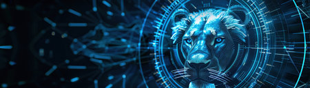 A visually striking digital representation of a lion's head with a futuristic cyber interface, symbolizing power and technology.の素材