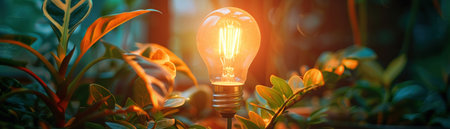 An energy-saving lightbulb illuminates among indoor potted plants, emphasizing eco-friendly living and sustainability.の素材