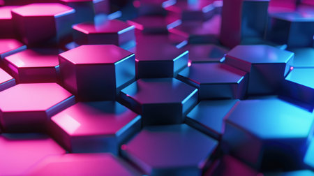 Abstract background with glowing neon hexagonal shapes in blue and pink hues.の素材