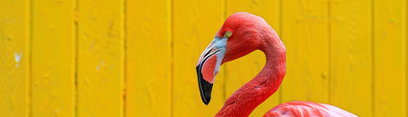 Close-up of a pink flamingo, with a vivid yellow background, showcasing wildlife and color contrast.の素材