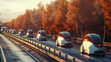 A convoy of futuristic autonomous electric vehicles driving on a highway surrounded by autumnal trees.の素材