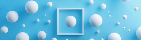 A minimalist abstract concept featuring white spheres of various sizes floating around a central frame on a blue background.の素材