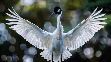 A Japanese crane performing a graceful and elegant dance with its wings spread.の素材