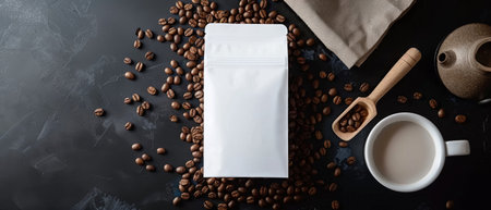 Blank coffee packaging with scattered roasted beans and a wooden scoop on a dark tabletop.の素材