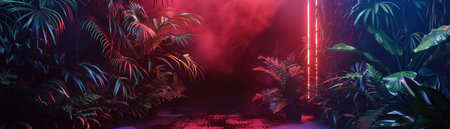 A dark, atmospheric stage surrounded by tropical plants, highlighted by striking red neon lights.の素材