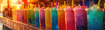 Vibrant slushie machine dispensing colorful frozen drinks on a counter during a warm, sunny sunset.の素材