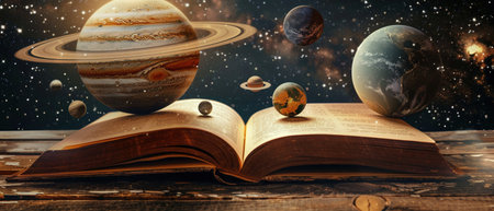 A creative representation of the solar system emerging from an open book, symbolizing learning and discovery in astronomy.の素材