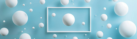A minimalist abstract concept featuring white spheres of various sizes floating around a central frame on a blue background.の素材