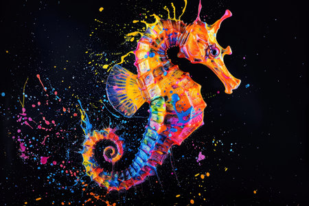 A dynamic image of a seahorse with splashes of vibrant paint against a black background.の素材