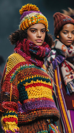 Fashion models on the runway showcasing bold, chunky knitwear in vibrant autumn colors.の素材